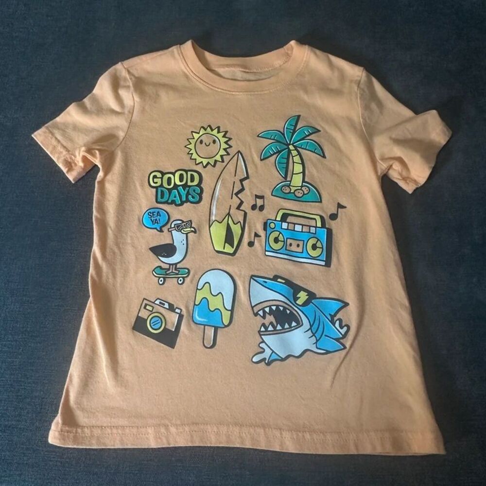 Jumping Beans boys' graphic t-shirt featuring a vibrant beach theme size 5
